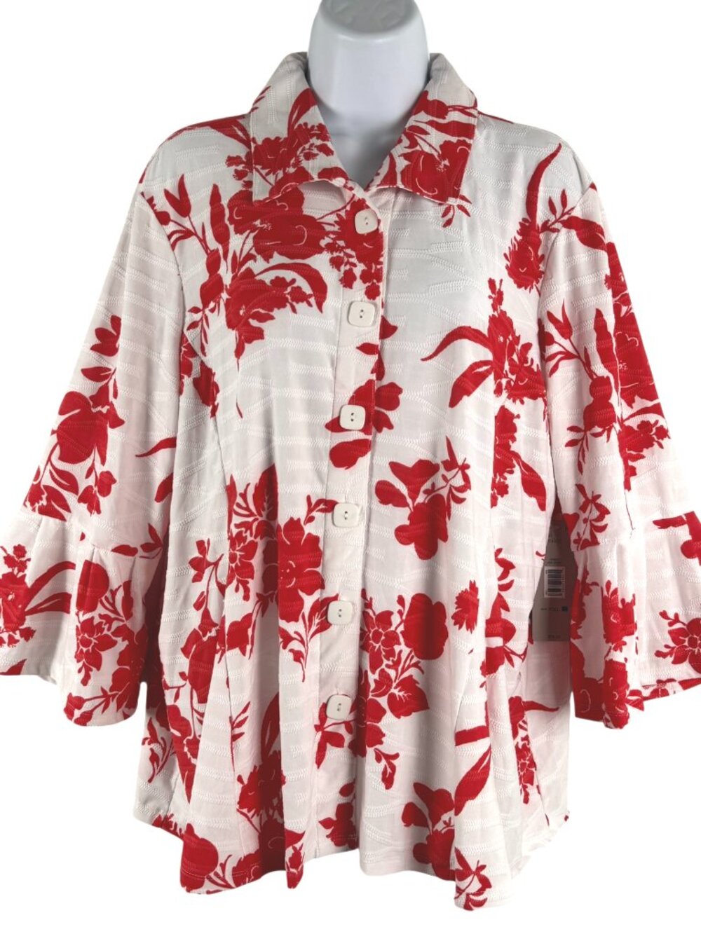 Ali Miles Top Petite XL Red White Floral Bell Sleeve Artsy NWT TP-4030